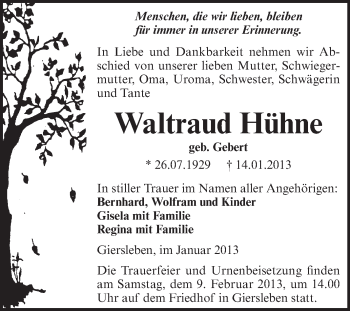 Traueranzeige von Waltraud Hühne von Mitteldeutsche Zeitung Aschersleben