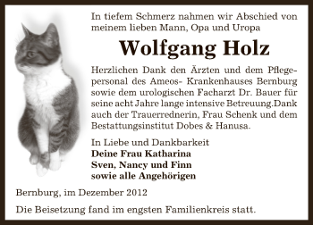 Traueranzeige von Wolfgang Holz von Mitteldeutsche Zeitung Bernburg