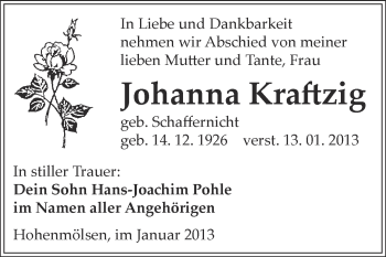 Traueranzeige von Johanna Kraftzig von Mitteldeutsche Zeitung Weißenfels
