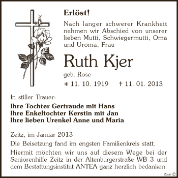 Traueranzeige von Ruth Kjer von Mitteldeutsche Zeitung Zeitz