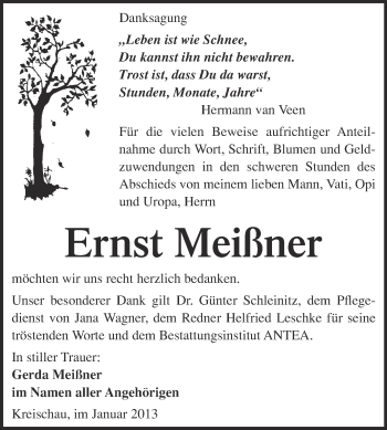 Traueranzeige von Ernst Meißner von Mitteldeutsche Zeitung Weißenfels
