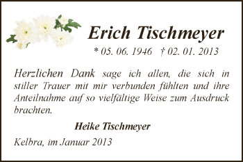 Traueranzeige von Erich Tischmeyer von Mitteldeutsche Zeitung Sangerhausen