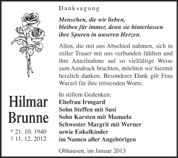 Traueranzeige von Hilmar Brunne von Mitteldeutsche Zeitung Merseburg/Querfurt