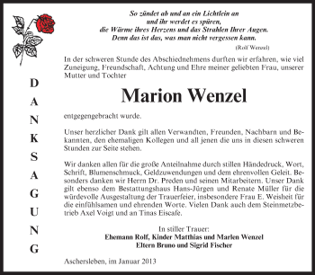 Traueranzeige von Marion Wenzel von Mitteldeutsche Zeitung Aschersleben