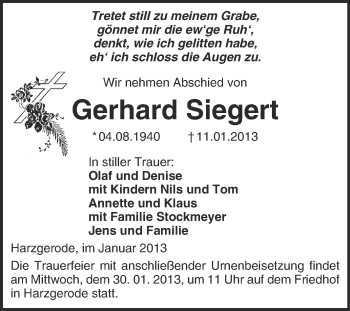 Traueranzeige von Gerhard Siegert von Mitteldeutsche Zeitung Quedlinburg