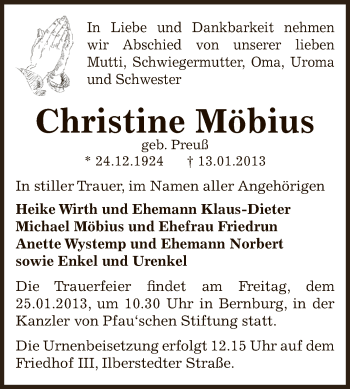 Traueranzeige von Christine Möbius von Mitteldeutsche Zeitung Bernburg