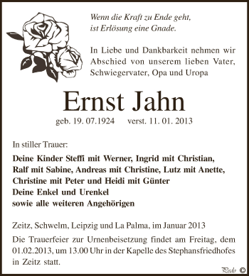 Traueranzeige von Ernst Jahn von Mitteldeutsche Zeitung Zeitz