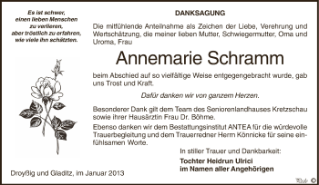 Traueranzeige von Annemarie Schramm von Mitteldeutsche Zeitung Zeitz