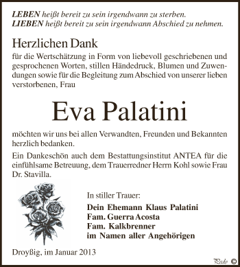 Traueranzeige von Eva Palatini von Mitteldeutsche Zeitung Zeitz