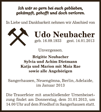 Traueranzeige von Udo Neubacher von Mitteldeutsche Zeitung Sangerhausen