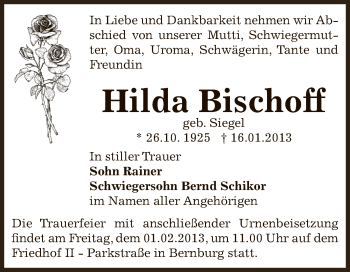 Traueranzeige von Hilda Bischoff von Mitteldeutsche Zeitung Bernburg
