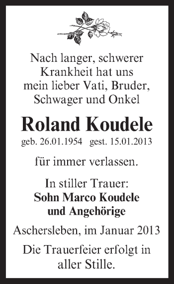 Traueranzeige von Roland Koudele von Mitteldeutsche Zeitung Aschersleben