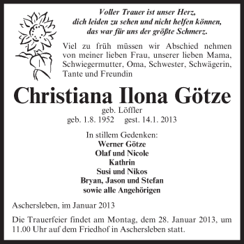 Traueranzeige von Christiana Ilona Götze von Mitteldeutsche Zeitung Aschersleben