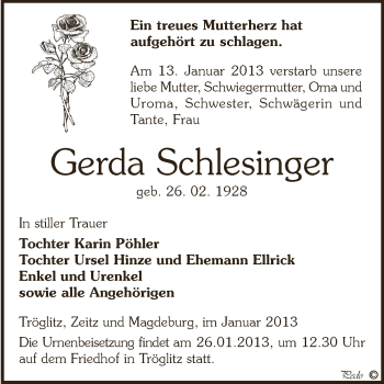 Traueranzeige von Gerda Schlesinger von Mitteldeutsche Zeitung Zeitz