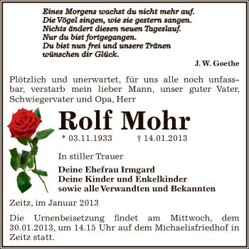 Traueranzeige von Rolf Mohr von Mitteldeutsche Zeitung Zeitz