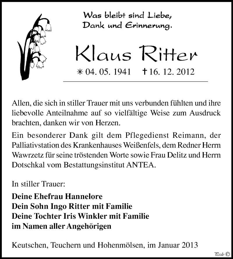  Traueranzeige für Klaus Ritter vom 23.01.2013 aus Mitteldeutsche Zeitung Weißenfels
