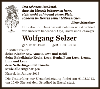 Traueranzeige von Wolfgang Selzer von Mitteldeutsche Zeitung Zeitz