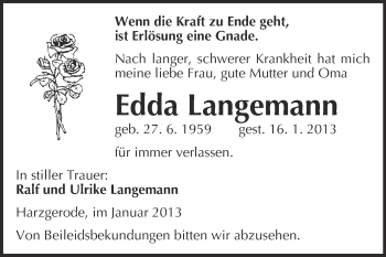 Traueranzeige von Edda Langemann von Mitteldeutsche Zeitung Quedlinburg