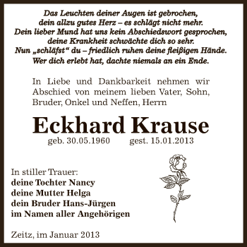 Traueranzeige von Eckhard Krause von Mitteldeutsche Zeitung Zeitz