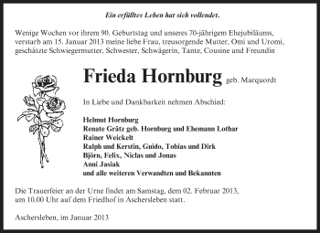 Traueranzeige von Frieda Hornburg von Mitteldeutsche Zeitung Aschersleben