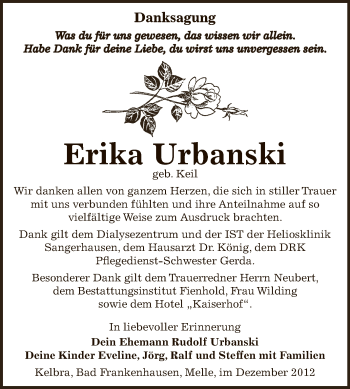 Traueranzeige von Erika Urbanski von Mitteldeutsche Zeitung Sangerhausen