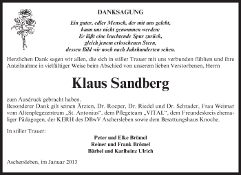 Traueranzeige von Klaus Sandberg von Mitteldeutsche Zeitung Aschersleben