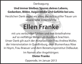 Traueranzeige von Ellen Franke von Mitteldeutsche Zeitung Quedlinburg
