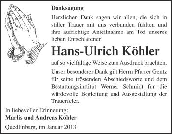 Traueranzeige von Hans-Ulrich Köhler von Mitteldeutsche Zeitung Quedlinburg