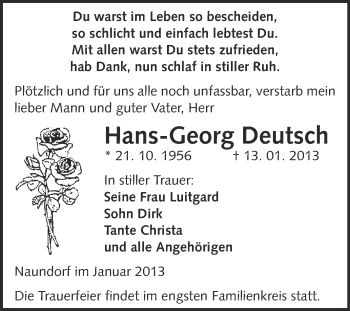 Traueranzeige von Hans-Georg Deutsch von Mitteldeutsche Zeitung Weißenfels
