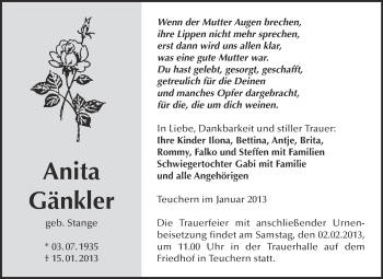 Traueranzeige von Anita Gänkler von Mitteldeutsche Zeitung Weißenfels