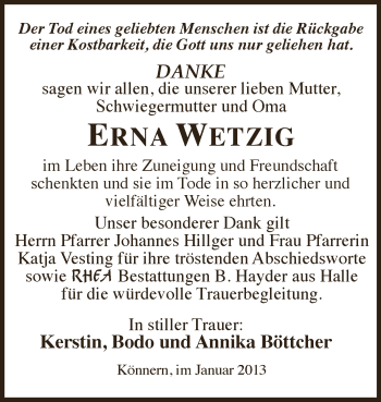 Traueranzeige von Erna Wetzig von Mitteldeutsche Zeitung Bernburg