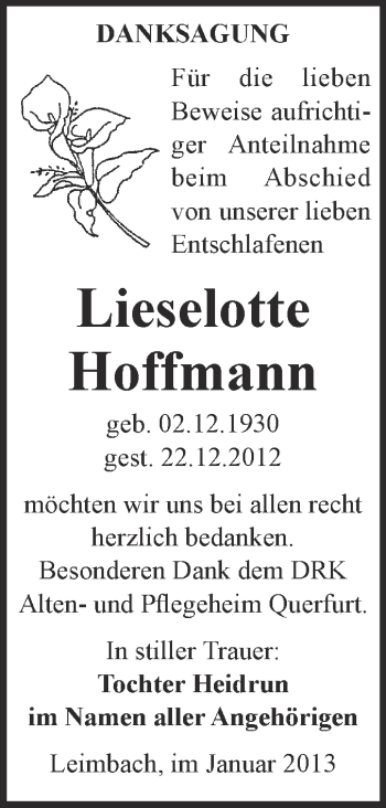 Traueranzeige von Lieselotte Hoffmann von Mitteldeutsche Zeitung Merseburg/Querfurt