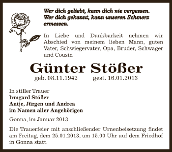 Traueranzeige von Günter Stößer von Mitteldeutsche Zeitung Sangerhausen