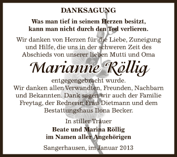 Traueranzeige von Marianne Röllig von Mitteldeutsche Zeitung Sangerhausen