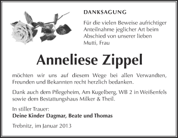 Traueranzeige von Anneliese Zippel von Mitteldeutsche Zeitung Weißenfels