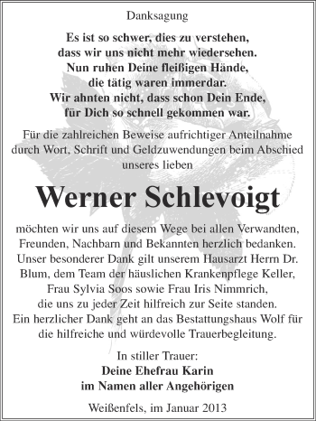 Traueranzeige von Werner Schlevoigt von Mitteldeutsche Zeitung Weißenfels