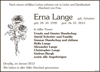 Traueranzeige von Erna Lange von Mitteldeutsche Zeitung Zeitz