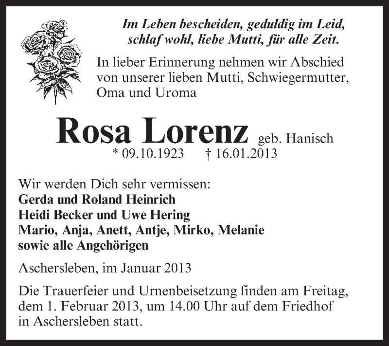  Traueranzeige für Rosa Lorenz vom 20.01.2013 aus Mitteldeutsche Zeitung Aschersleben