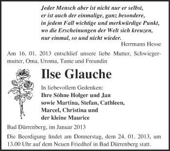 Traueranzeige von Ilse Glauche von Mitteldeutsche Zeitung Merseburg/Querfurt