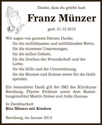 Traueranzeige von Franz Münzer von Mitteldeutsche Zeitung Bernburg