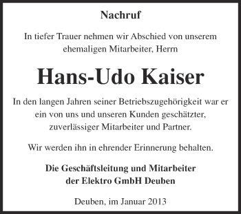 Traueranzeige von Hans-Udo Kaiser von Mitteldeutsche Zeitung Weißenfels