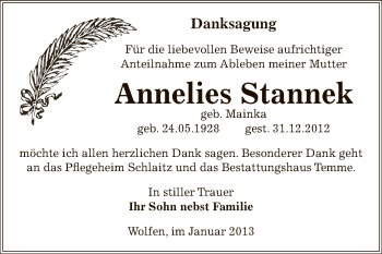 Traueranzeige von Annelies Stannek von Mitteldeutsche Zeitung Bitterfeld