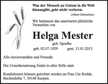 Traueranzeige von Helga Mester von Mitteldeutsche Zeitung Jessen