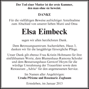 Traueranzeige von Elsa Eimbeck von Mitteldeutsche Zeitung Quedlinburg