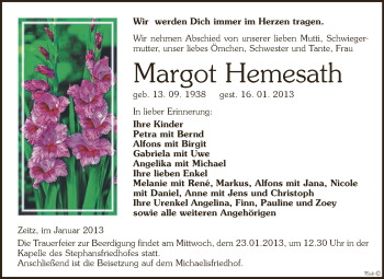 Traueranzeige von Margot Hemesath von Mitteldeutsche Zeitung Zeitz