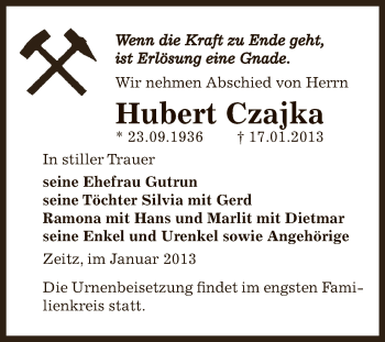 Traueranzeige von Hubert Czajka von Mitteldeutsche Zeitung Zeitz