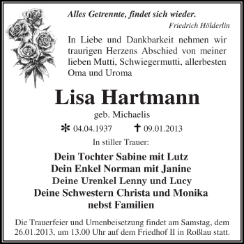 Traueranzeige von Lisa Hartmann von Mitteldeutsche Zeitung Dessau-Roßlau