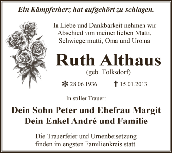 Traueranzeige von Ruth Althaus von Mitteldeutsche Zeitung Dessau-Roßlau