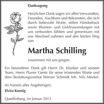 Traueranzeige von Martha Schilling von Mitteldeutsche Zeitung Quedlinburg