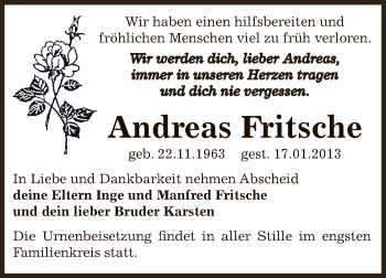 Traueranzeige von Andreas Fritsche von Mitteldeutsche Zeitung Bernburg